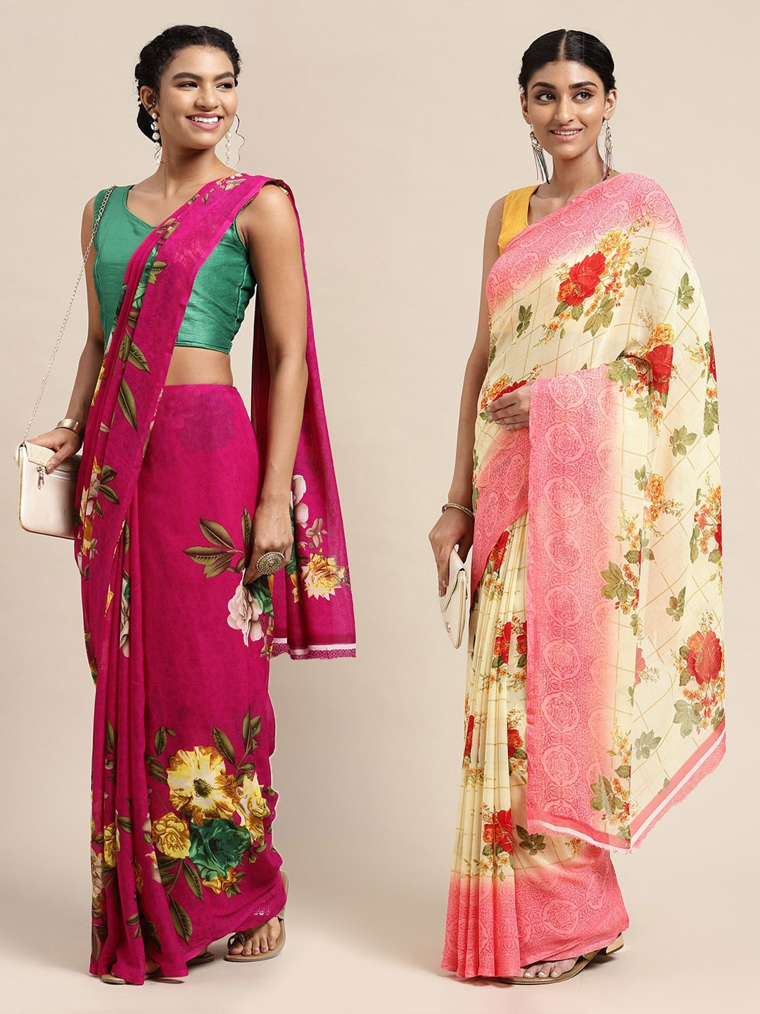 

KALINI Pack of 2 Pink & Cream-Coloured Floral Sarees