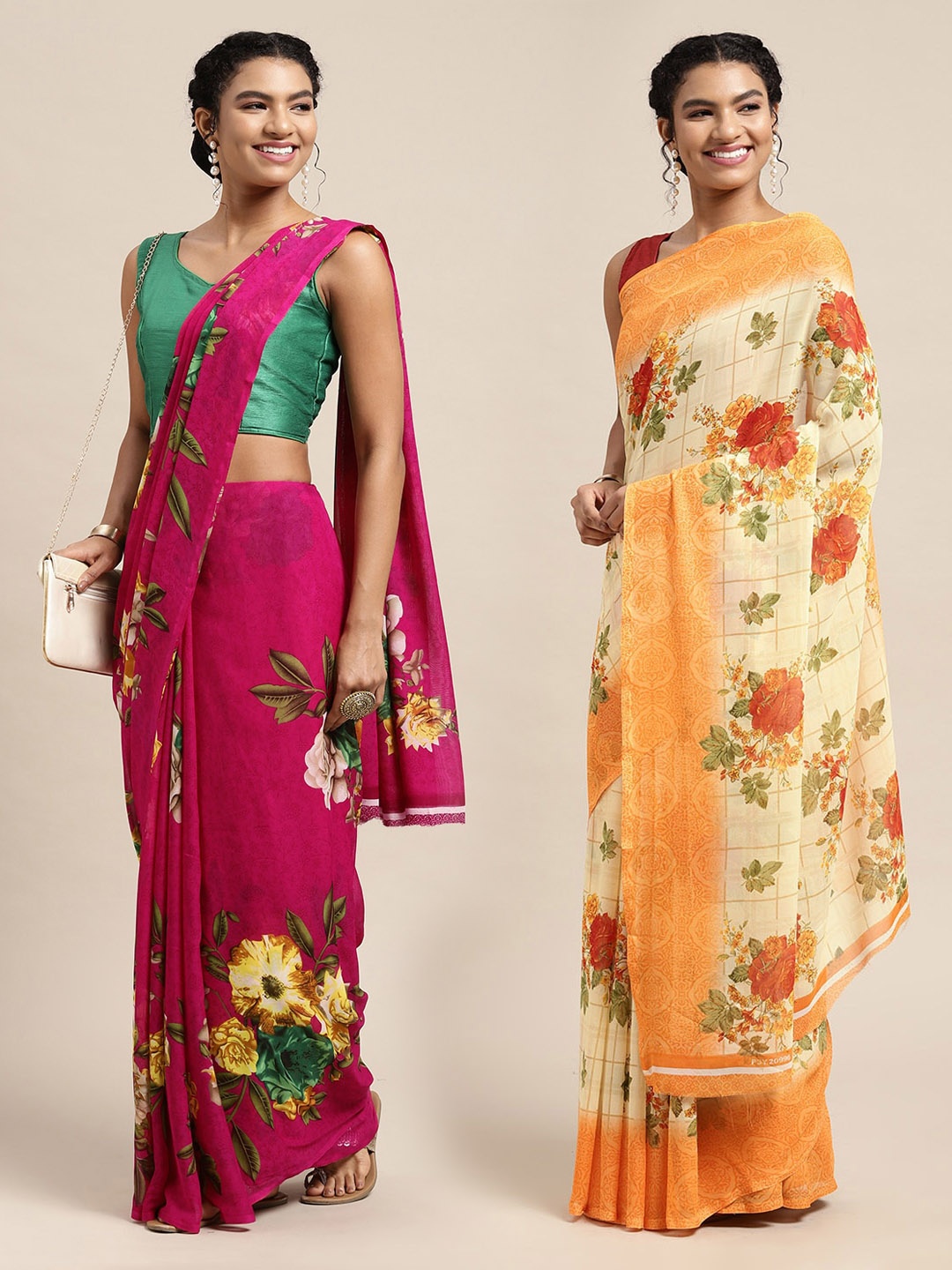 

KALINI Pack Of 2 Pink & Yellow Floral Printed Saree