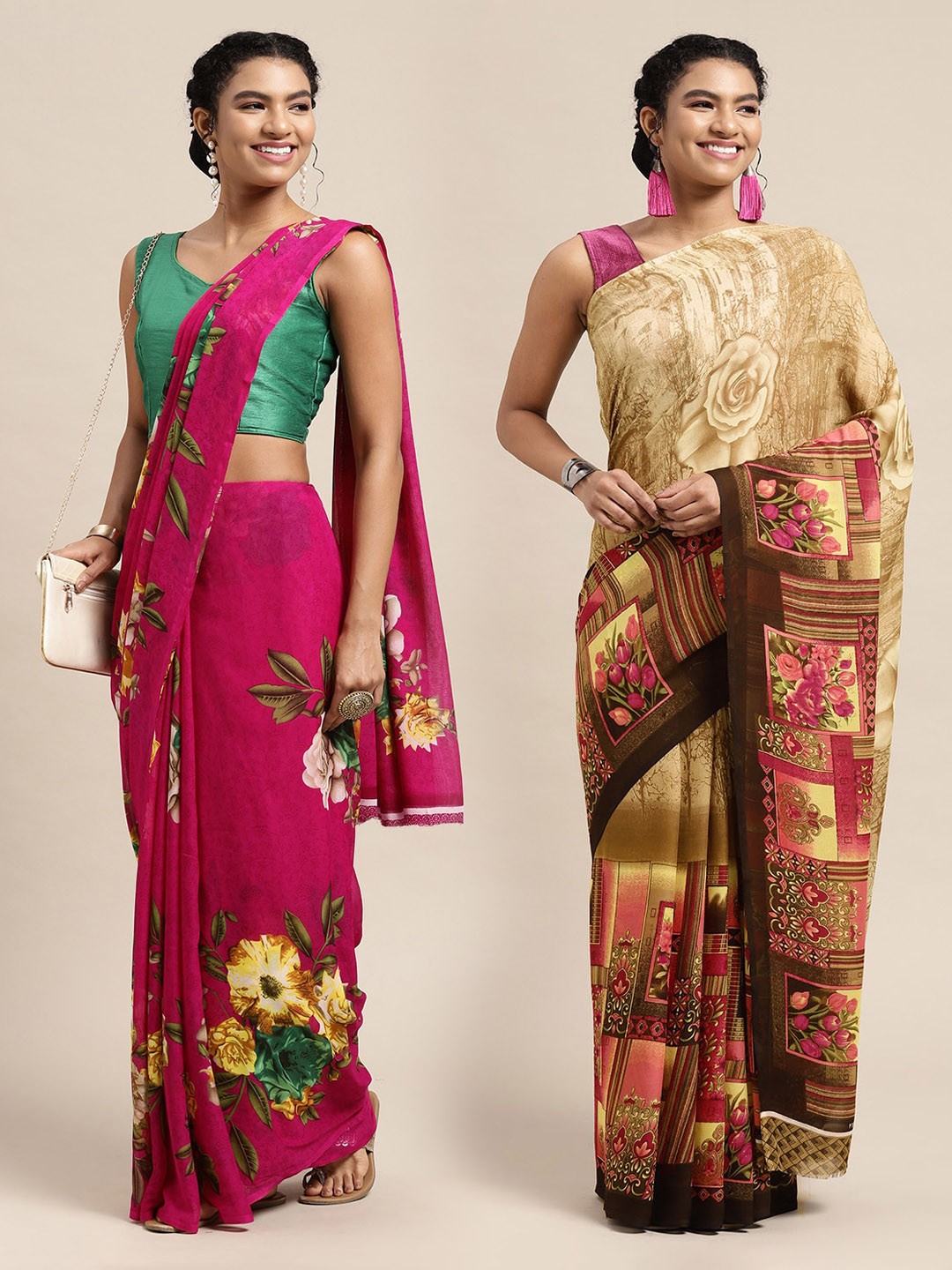 

KALINI Pack Of 2 Pink & Green Floral Saree