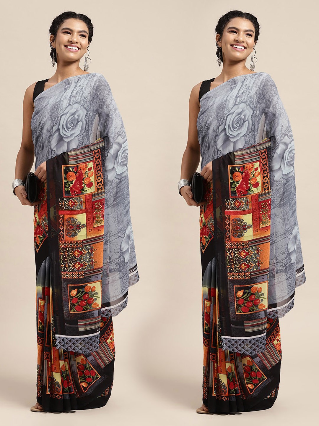 

KALINI Set Of 2 Grey & Orange Ethnic Motifs Saree