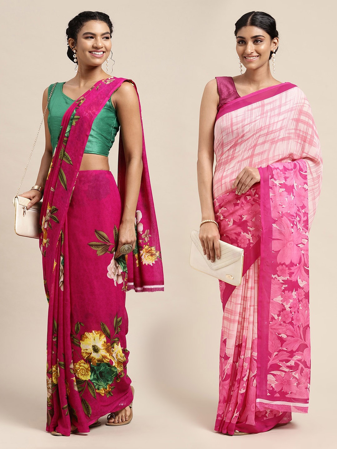 

KALINI Set Of 2 Pink & Green Floral Saree