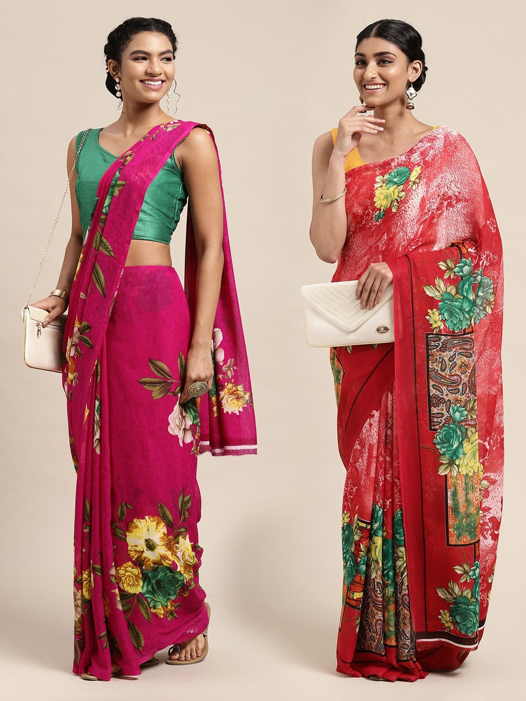 

KALINI Magenta & Red Set of 2 Printed Georgette Saree