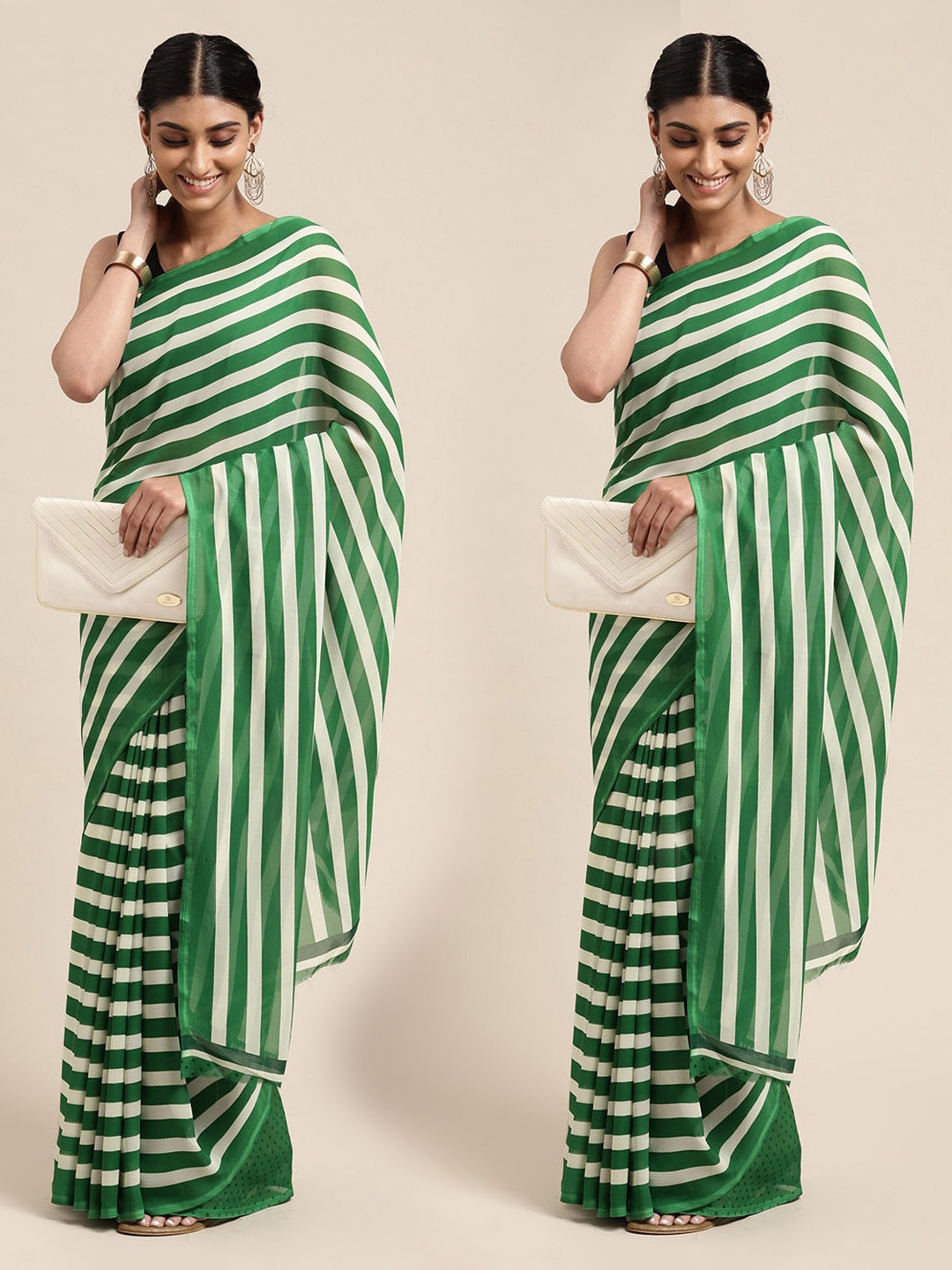 

KALINI Pack of 2 White & Green Striped Sarees