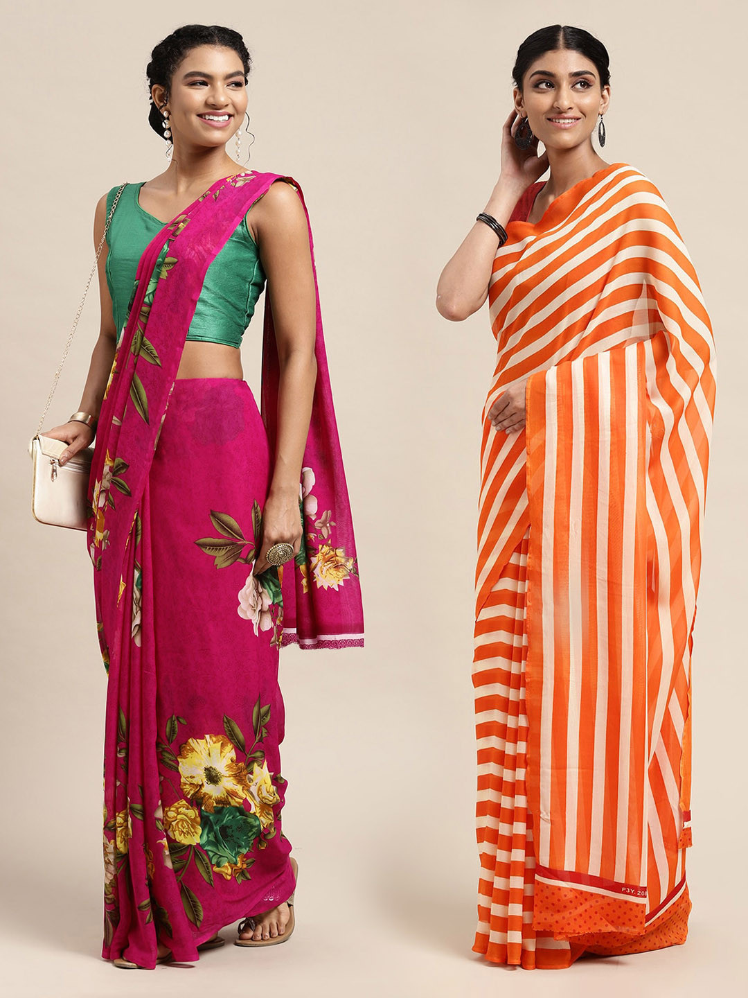 

KALINI Pack Of 2 Pink & Orange Floral Printed Saree