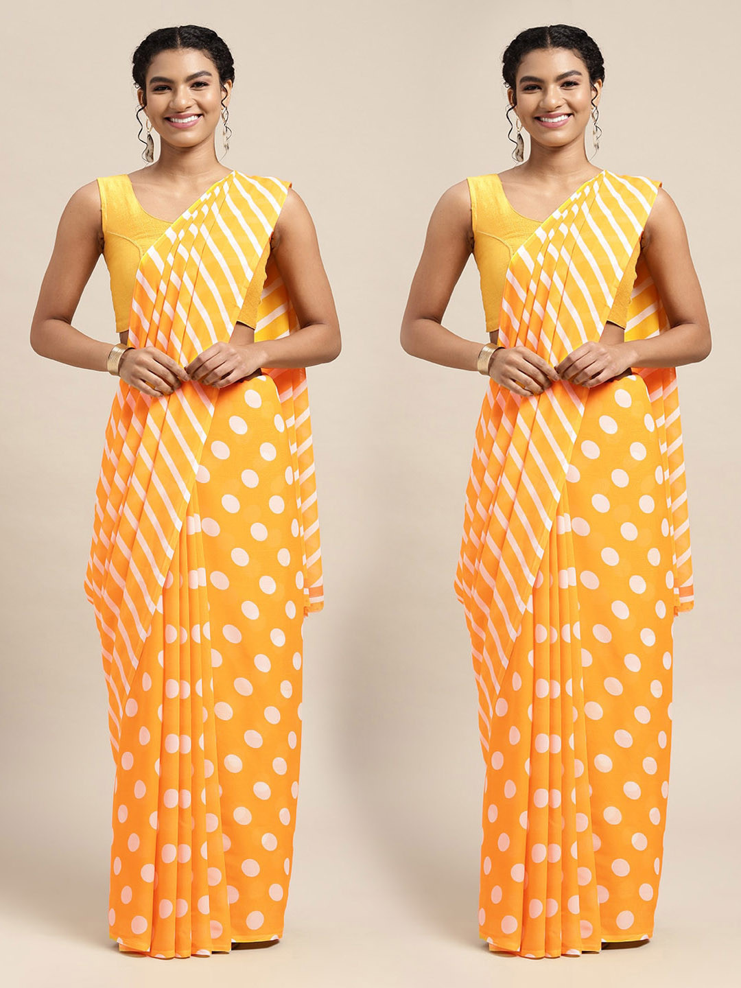 

KALINI Pack of 2 Yellow & White Pola Dots Printed Half and Half Sarees