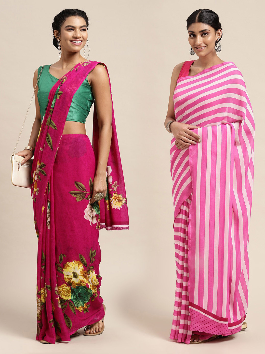 

KALINI Set Of 2 Pink & Green Floral Saree