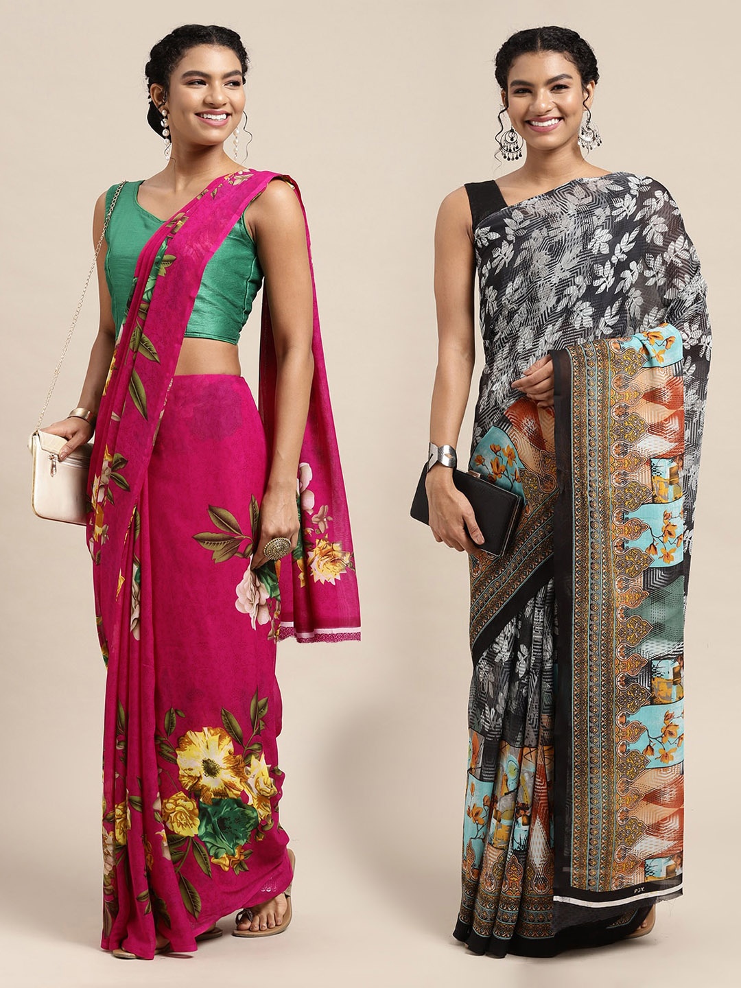 

KALINI Pack Of 2 Pink & Black Floral Saree