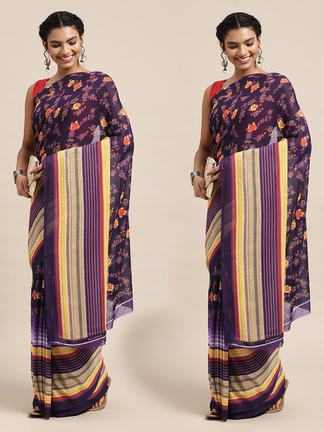 

KALINI Set Of 2 Purple & Yellow Floral Saree