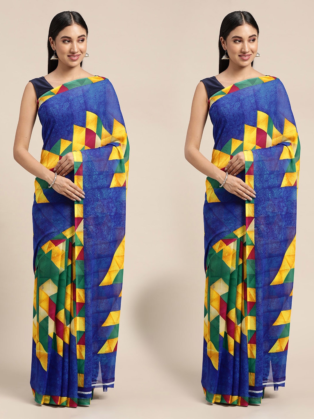 

KALINI Blue & Yellow Set of 2 Printed Georgette Saree