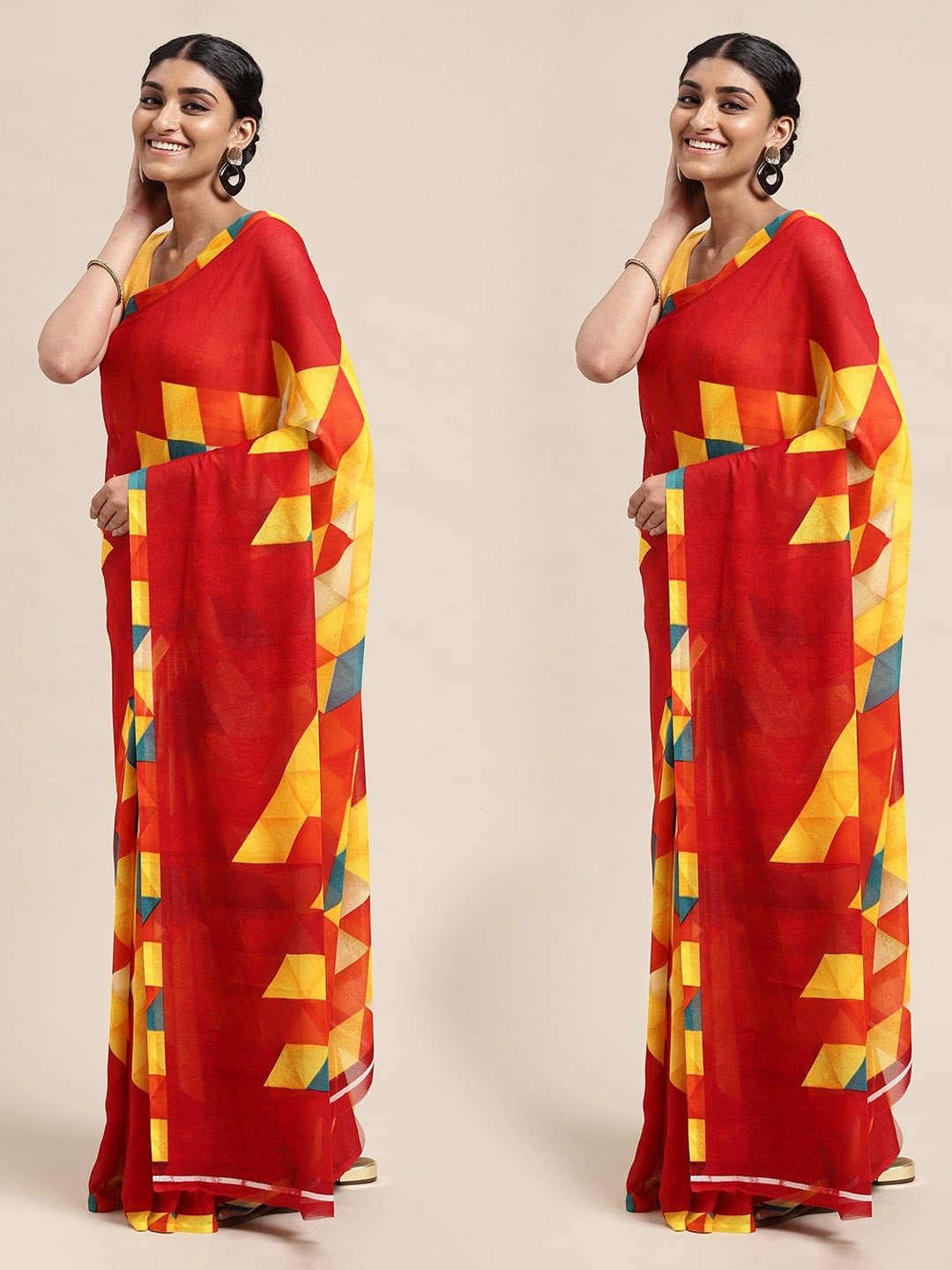 

KALINI Red & Yellow Printed Poly-Georgette Saree Pack Of 2