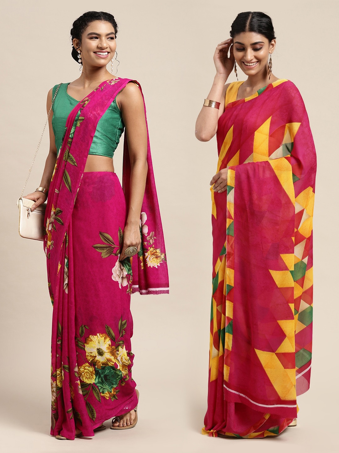 

KALINI Pack of 2 Pink & Red Floral Sarees