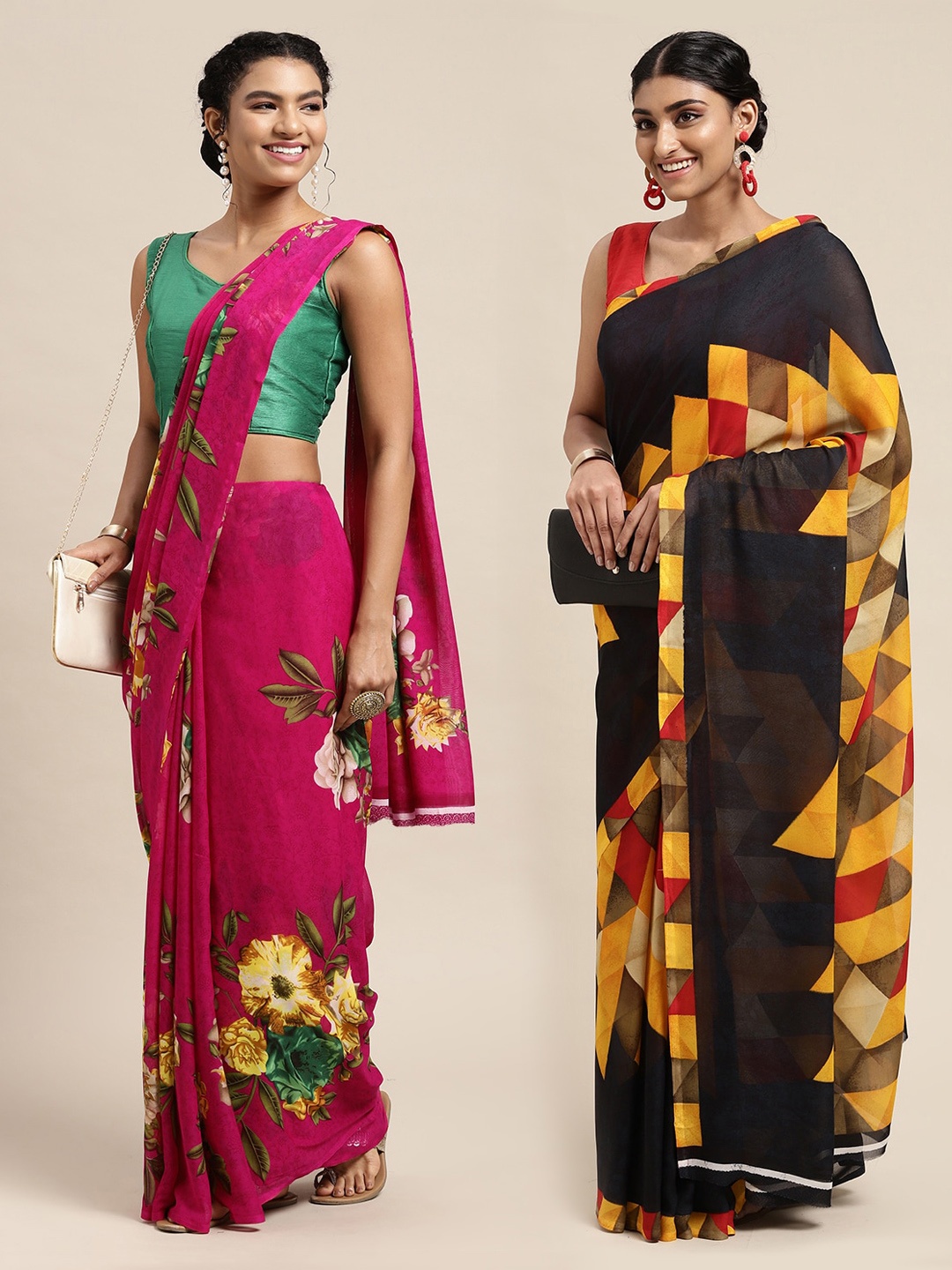 

KALINI Pack Of 2 Pink & Green Floral Printed Saree