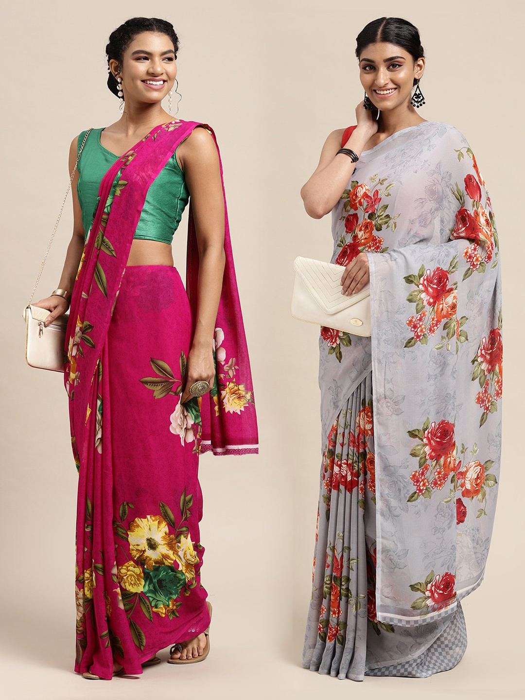 

KALINI Pack of 2 Fuchsia & Grey Floral Printed Sarees