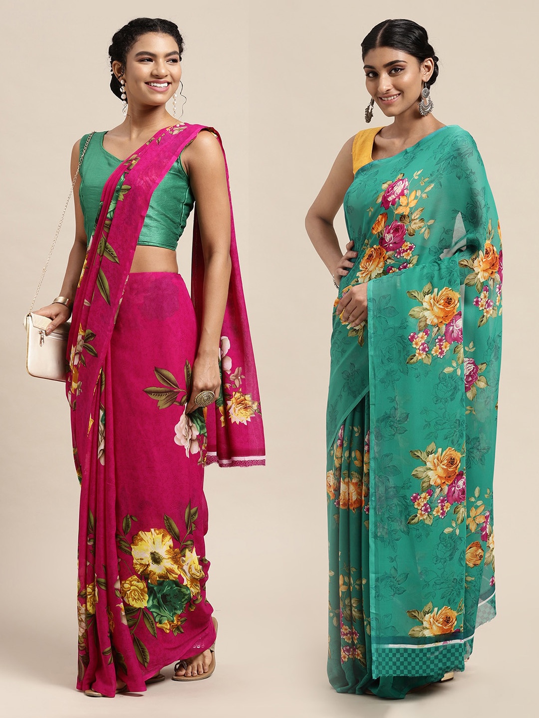 

KALINI Set Of 2 Pink & Green Floral Saree