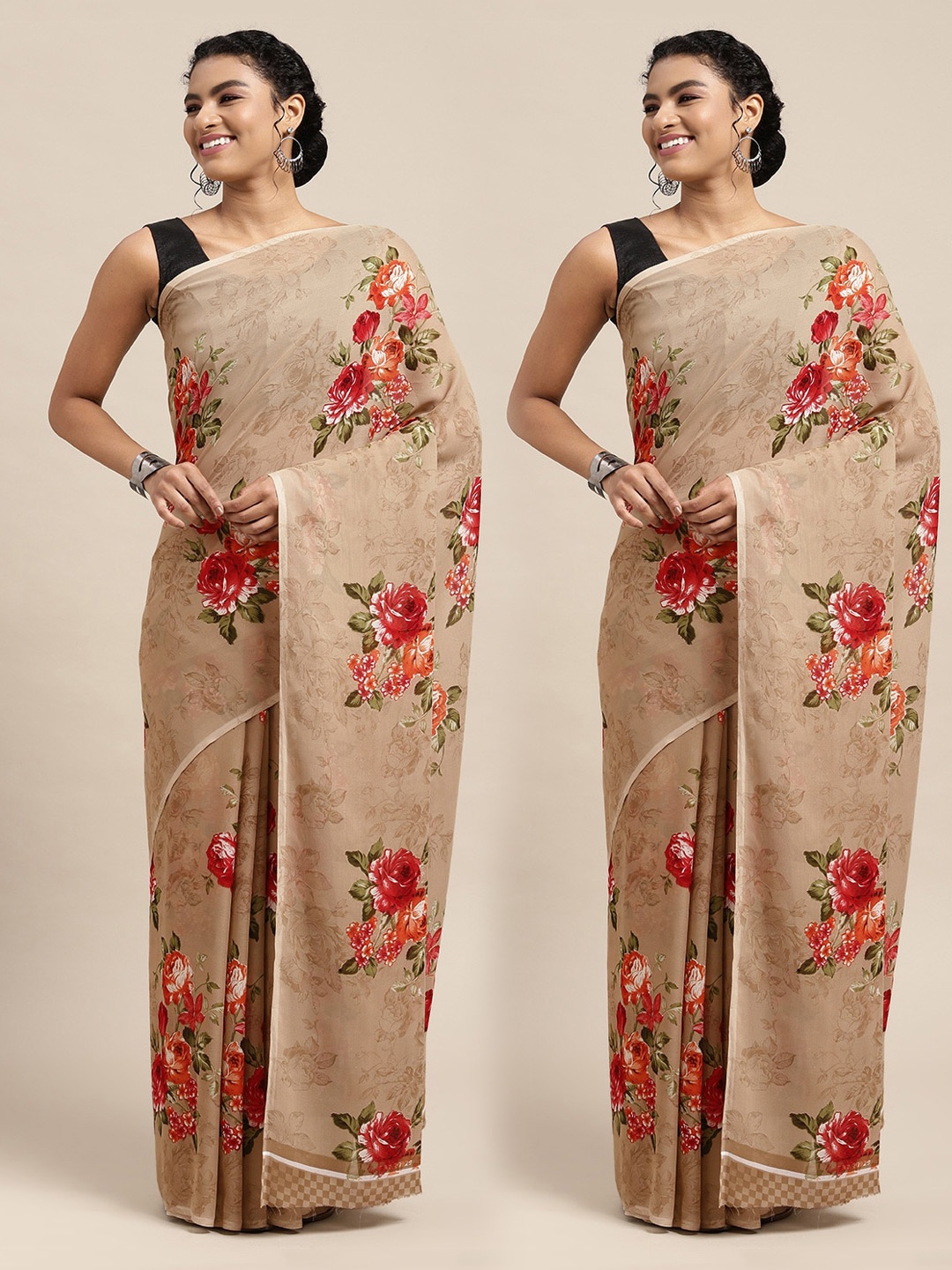 

KALINI Pack of 2 Beige & Red Floral Georgette Sarees