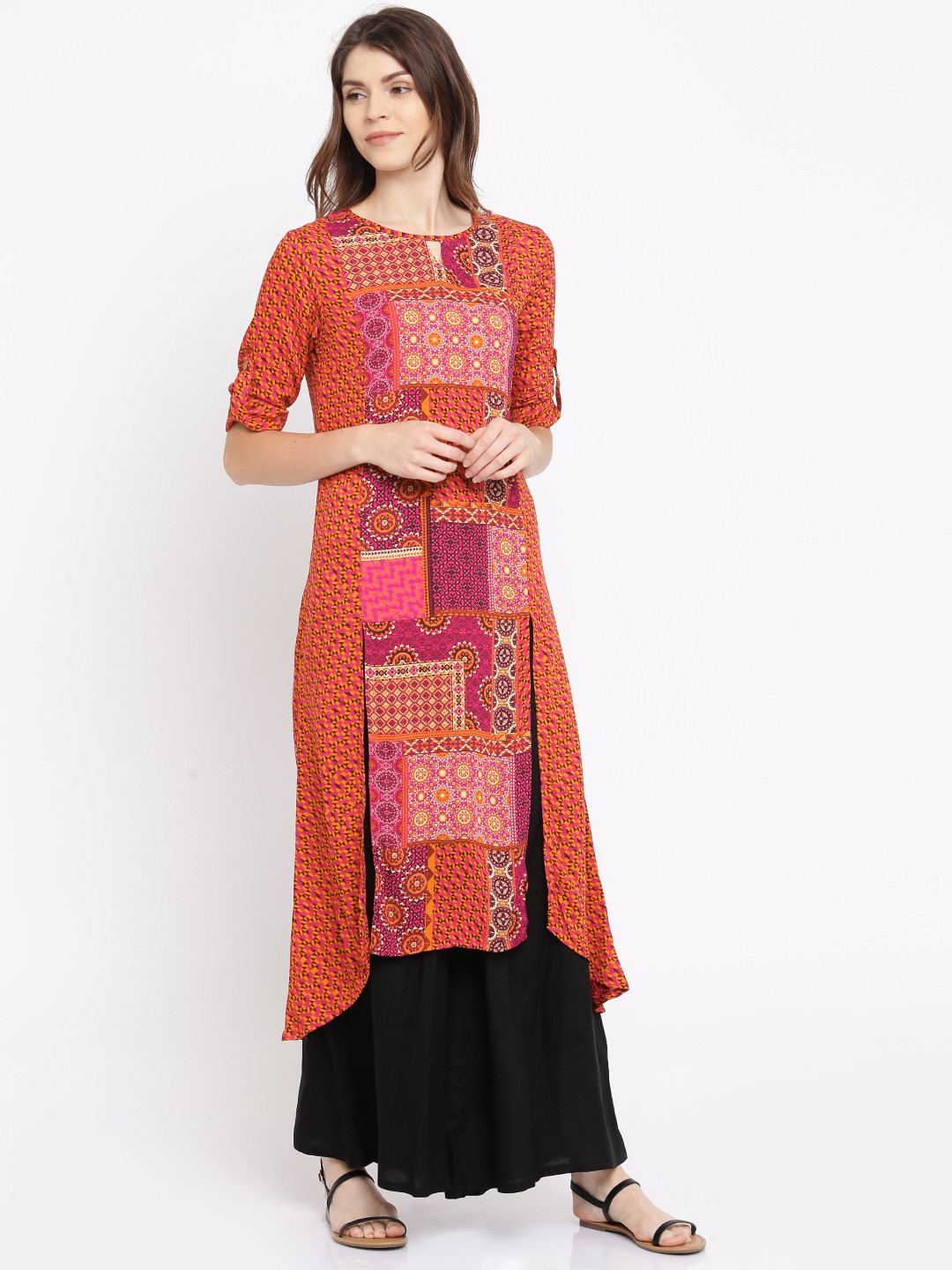 

Global Desi Women Orange & Pink Printed A-Line Kurta