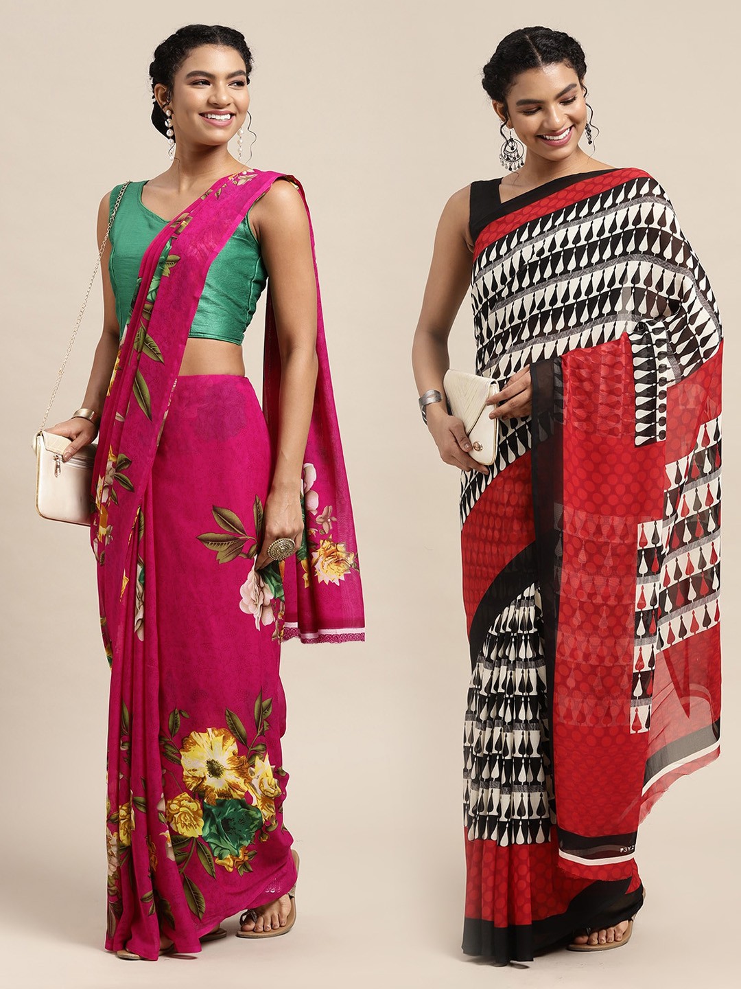 

KALINI Pink & Green Set of 2 Floral Printed Georgette Saree