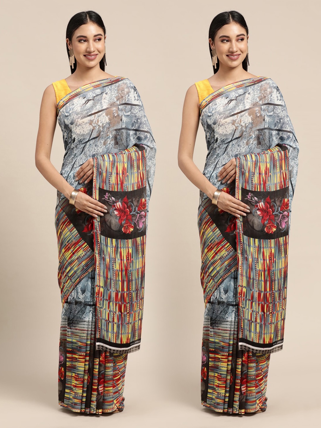 

KALINI Grey & Red Printed Poly-Georgette Saree Pack Of 2