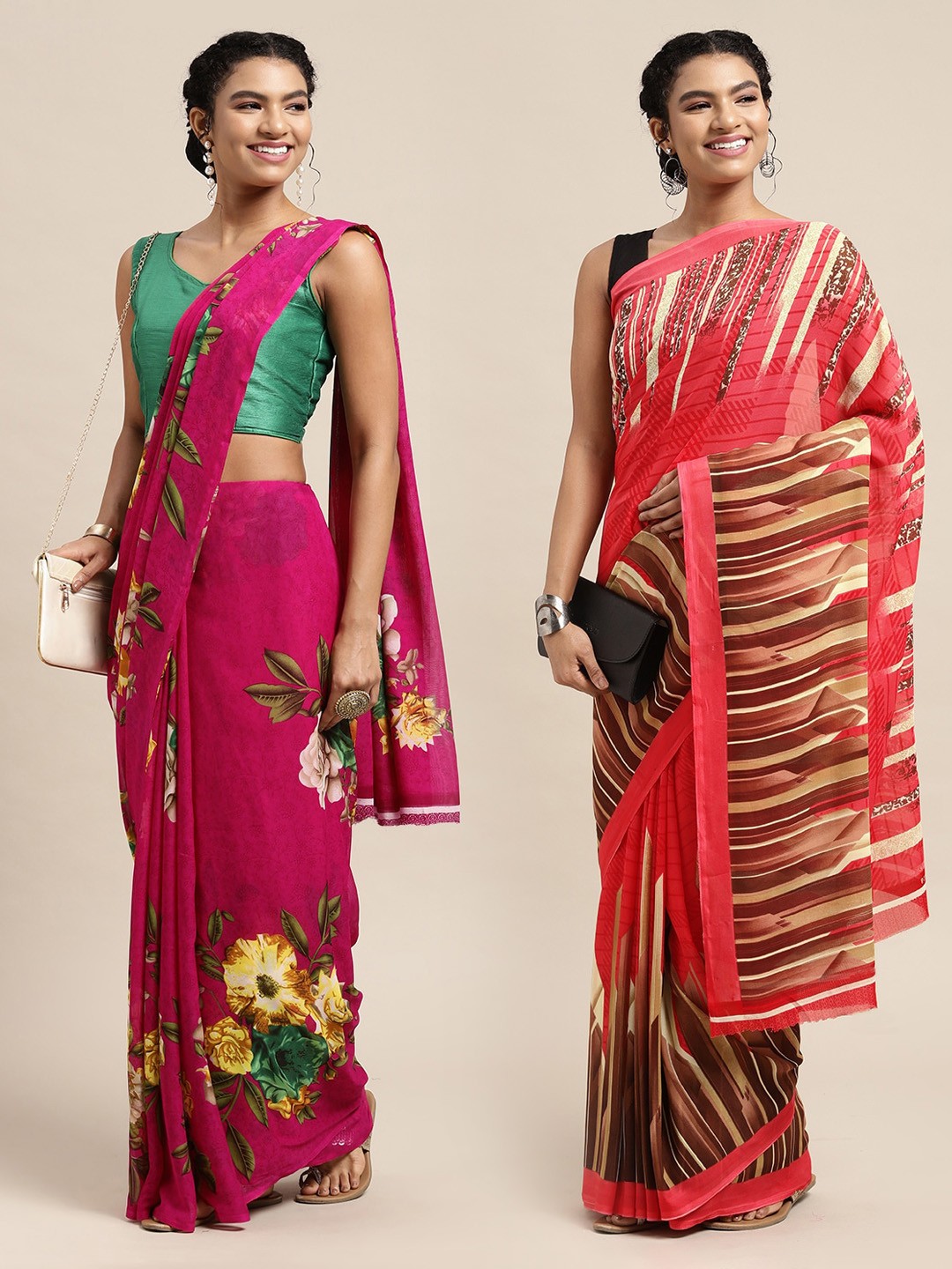 

KALINI Pack of 2 Pink & Red Floral Sarees