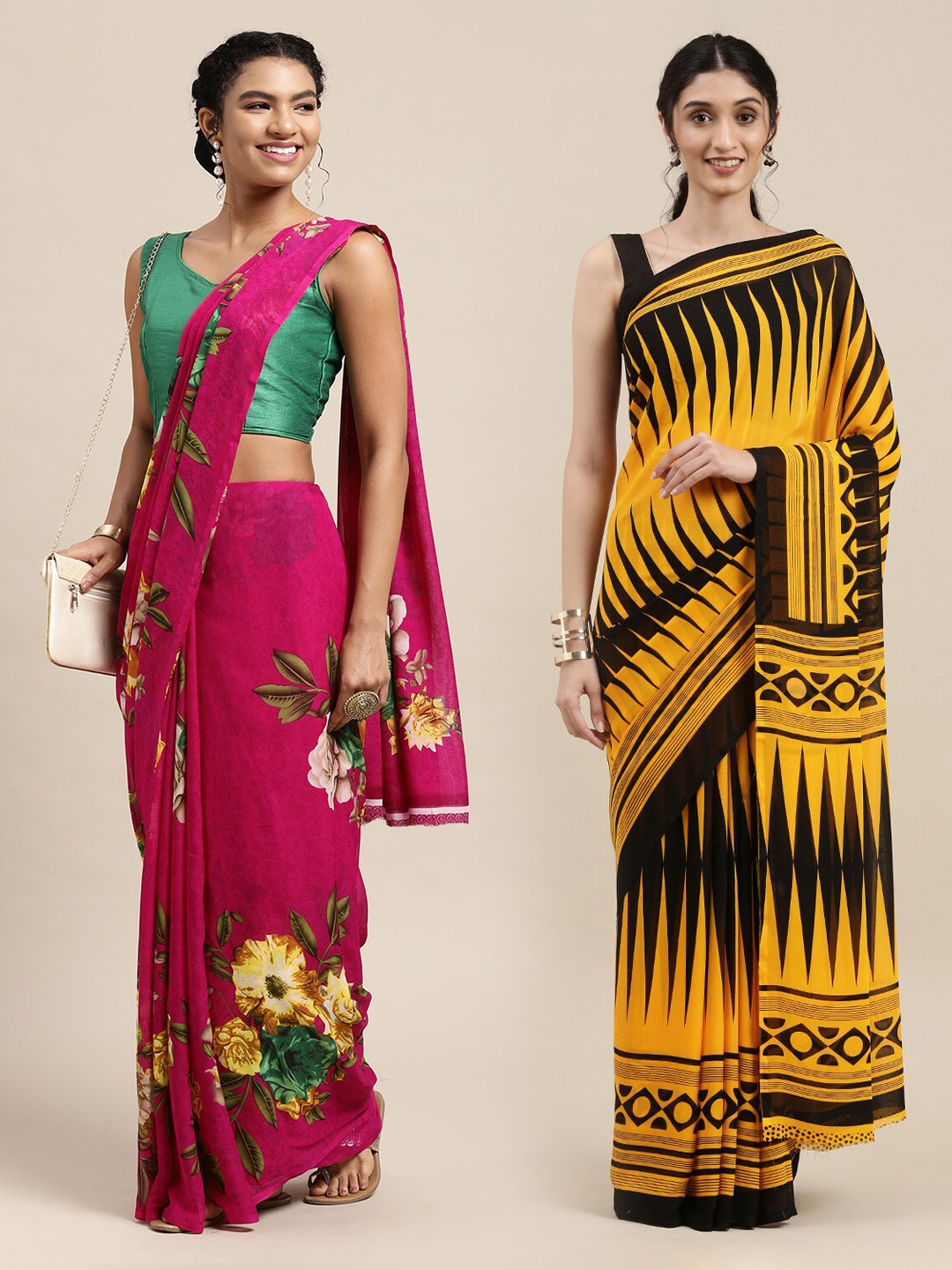 

KALINI Pack of 2 Fuchsia & Yellow Printed Sarees