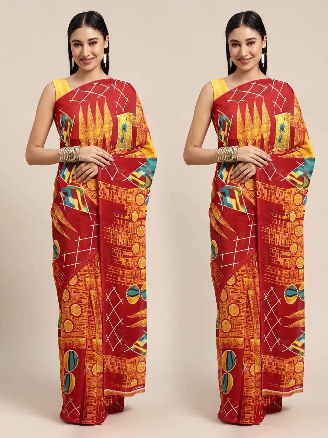 

KALINI Set Of 2 Orange & Red Printed Saree