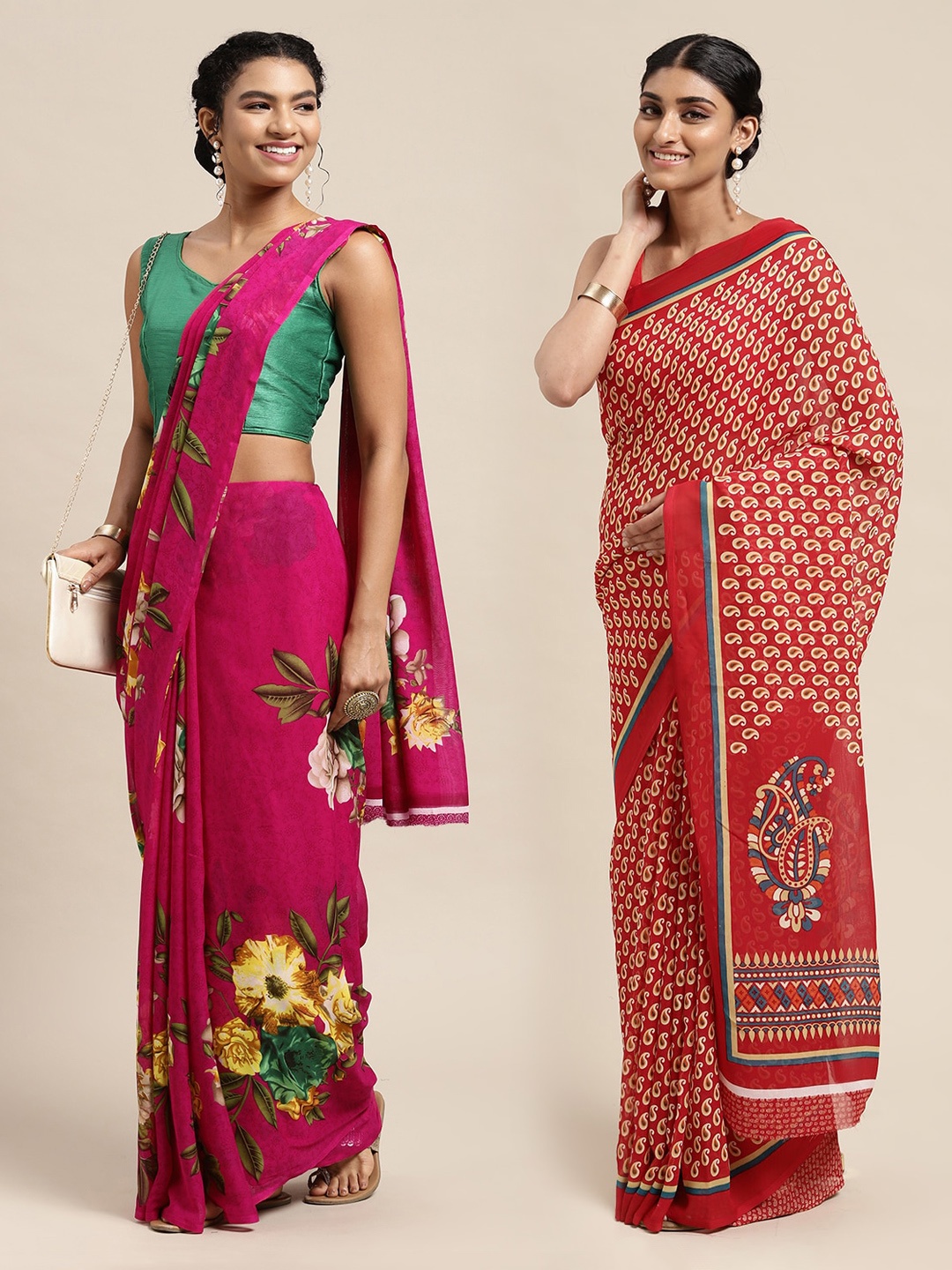 

KALINI Pack of 2 Pink & Red Floral Georgette Sarees