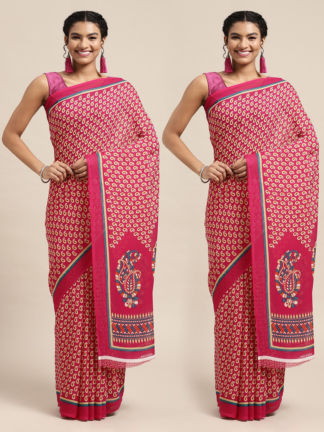 

KALINI Pink & Cream-Coloured Set Of 2 Paisley Saree