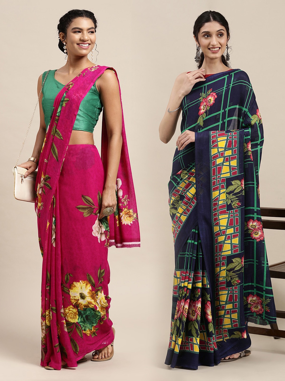 

KALINI Pink & Green Floral Printed Poly-Georgette Saree Pack Of 2