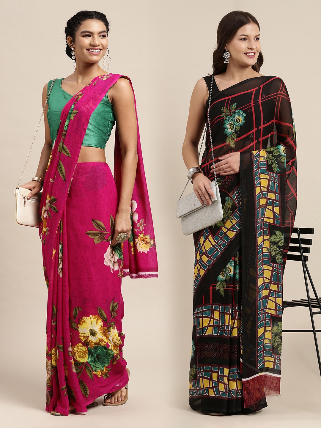 

KALINI Pack of 2 Pink & Black Floral Sarees