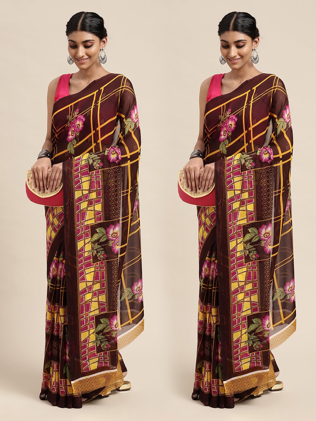 

KALINI Pack Of 2 Brown & Pink Floral Printed Saree