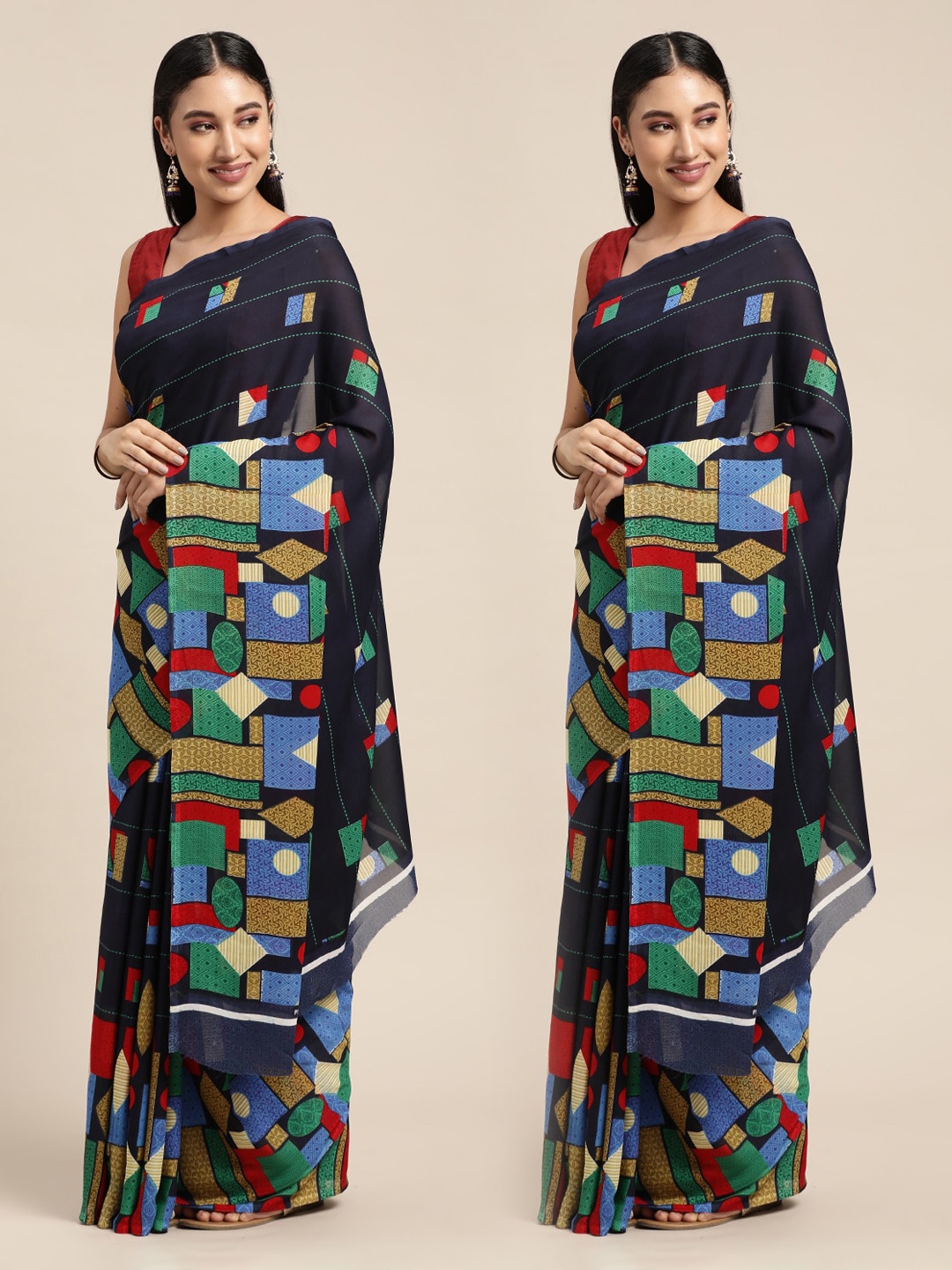 

KALINI Pack of 2 Navy Blue & Beige Geometric Printed Sarees