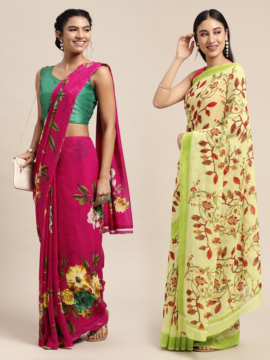 

KALINI Pack Of 2 Pink & Green Floral Saree