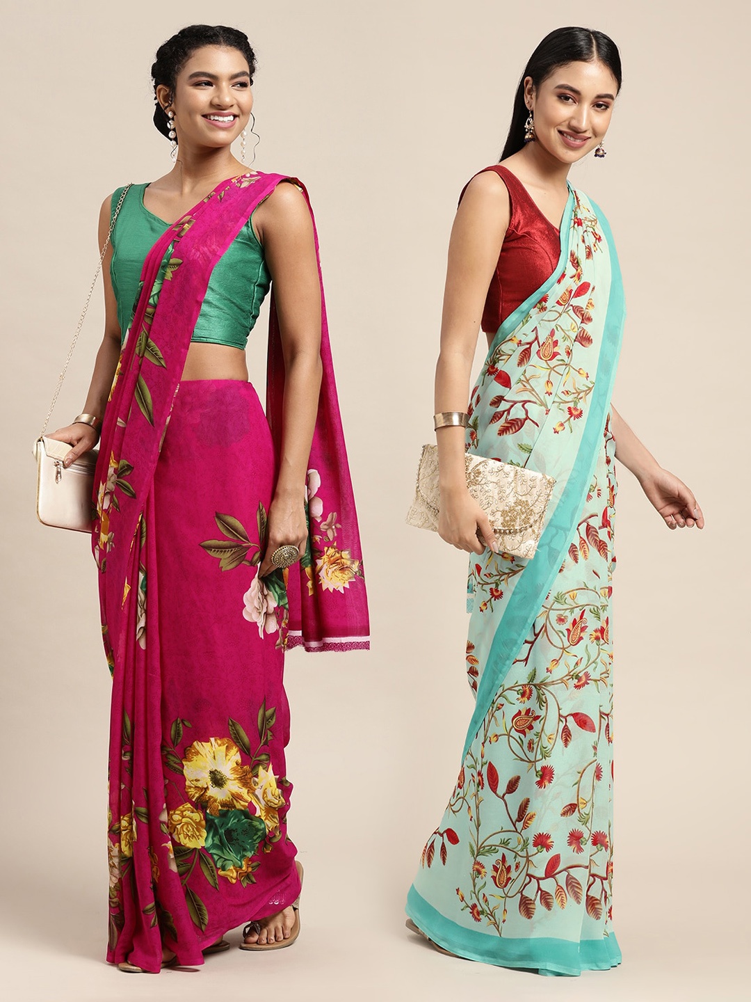 

KALINI Set Of 2 Pink & Green Floral Saree