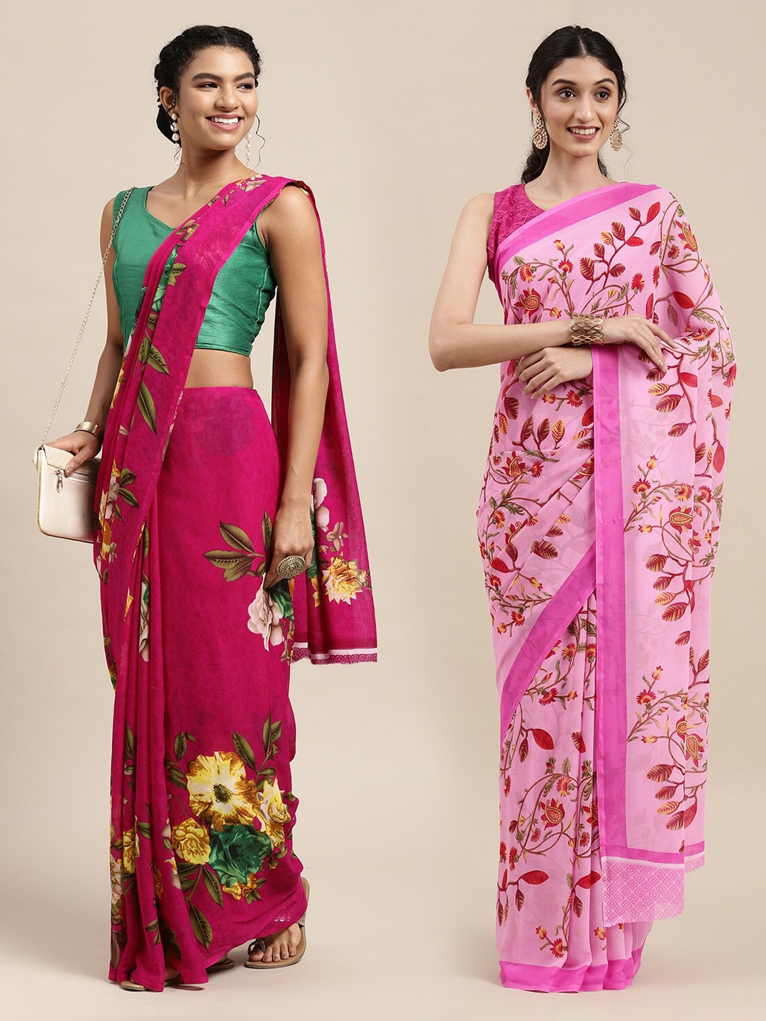 

KALINI Pack of 2 Pink & Green Floral Georgette Sarees