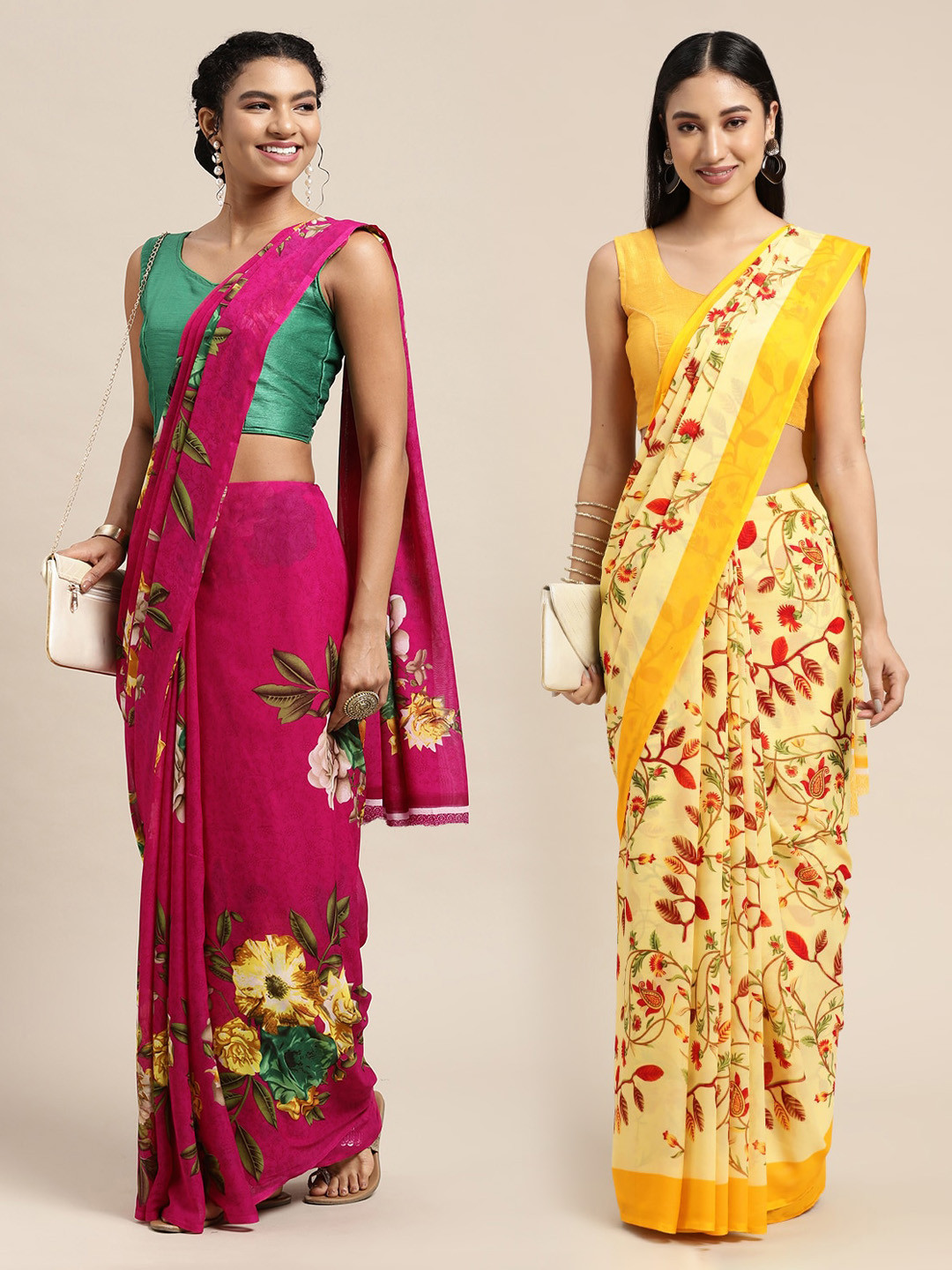 

KALINI Pink & Yellow Set Of 2 Floral Saree