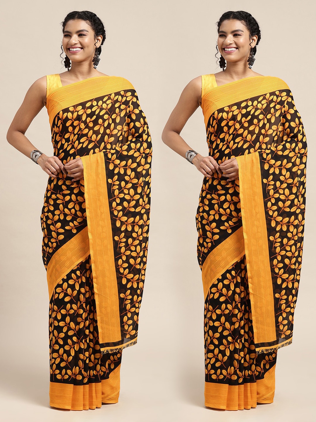 

KALINI Black & Mustard Set of 2 Floral Printed Georgette Saree
