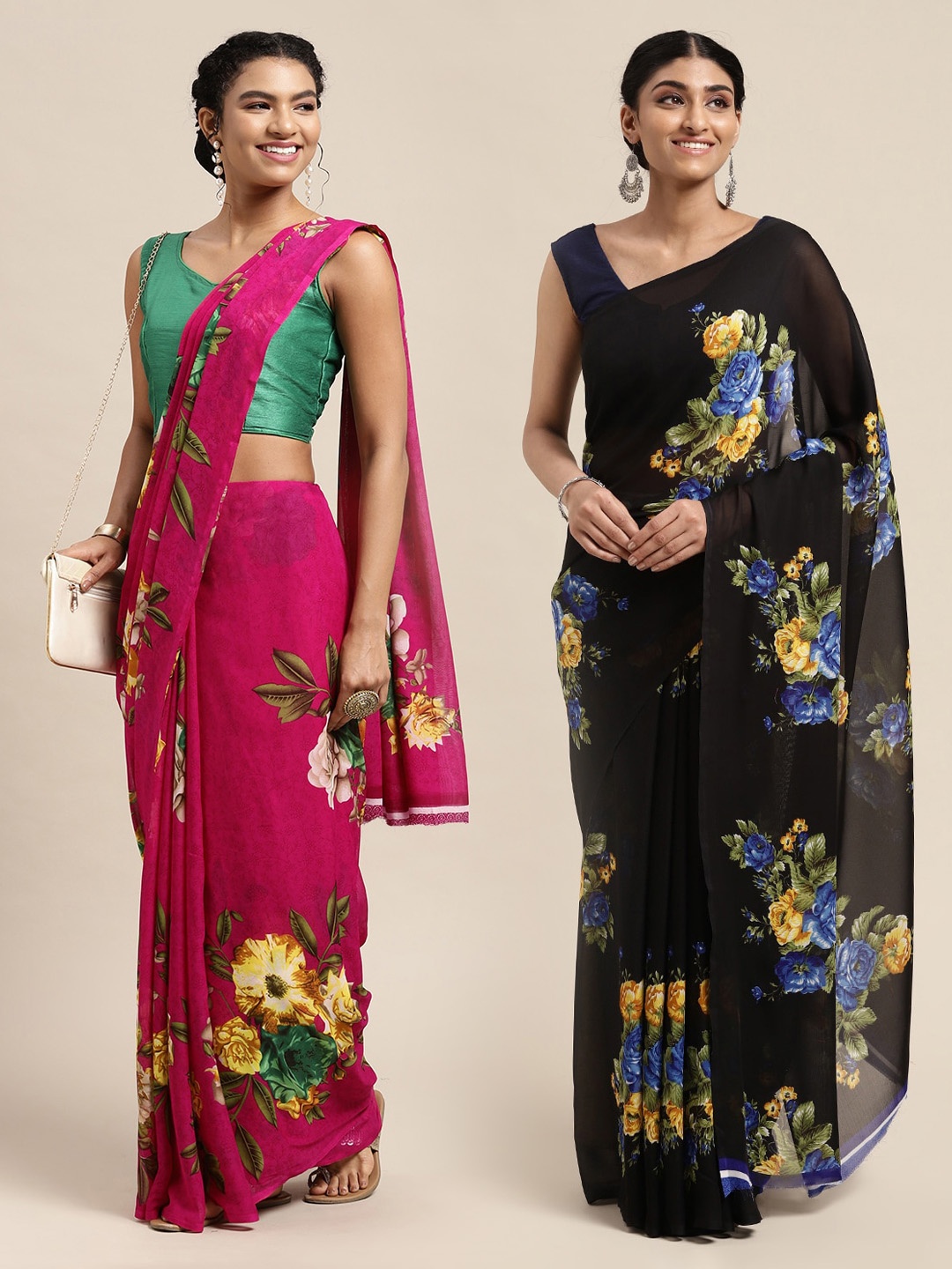 

KALINI Pink & Black Floral Printed Poly-Georgette Saree Pack Of 2