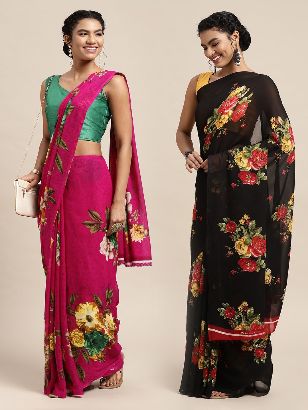 

KALINI Pack of 2 Pink & Black Floral Sarees