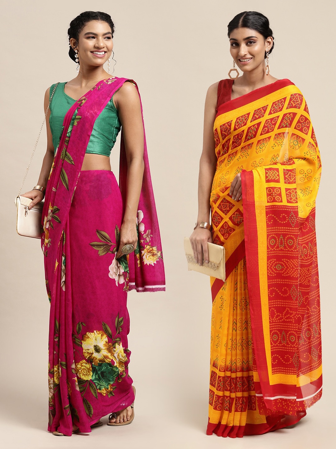 

KALINI Pack Of 2 Pink & Green Floral Saree