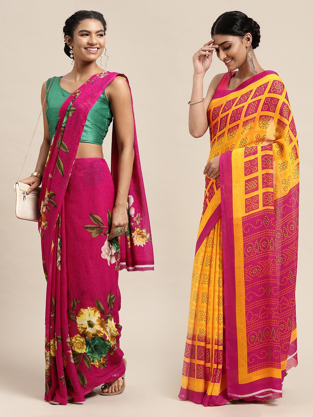 

KALINI Pack of 2 Pink & Yellow Floral Georgette Sarees