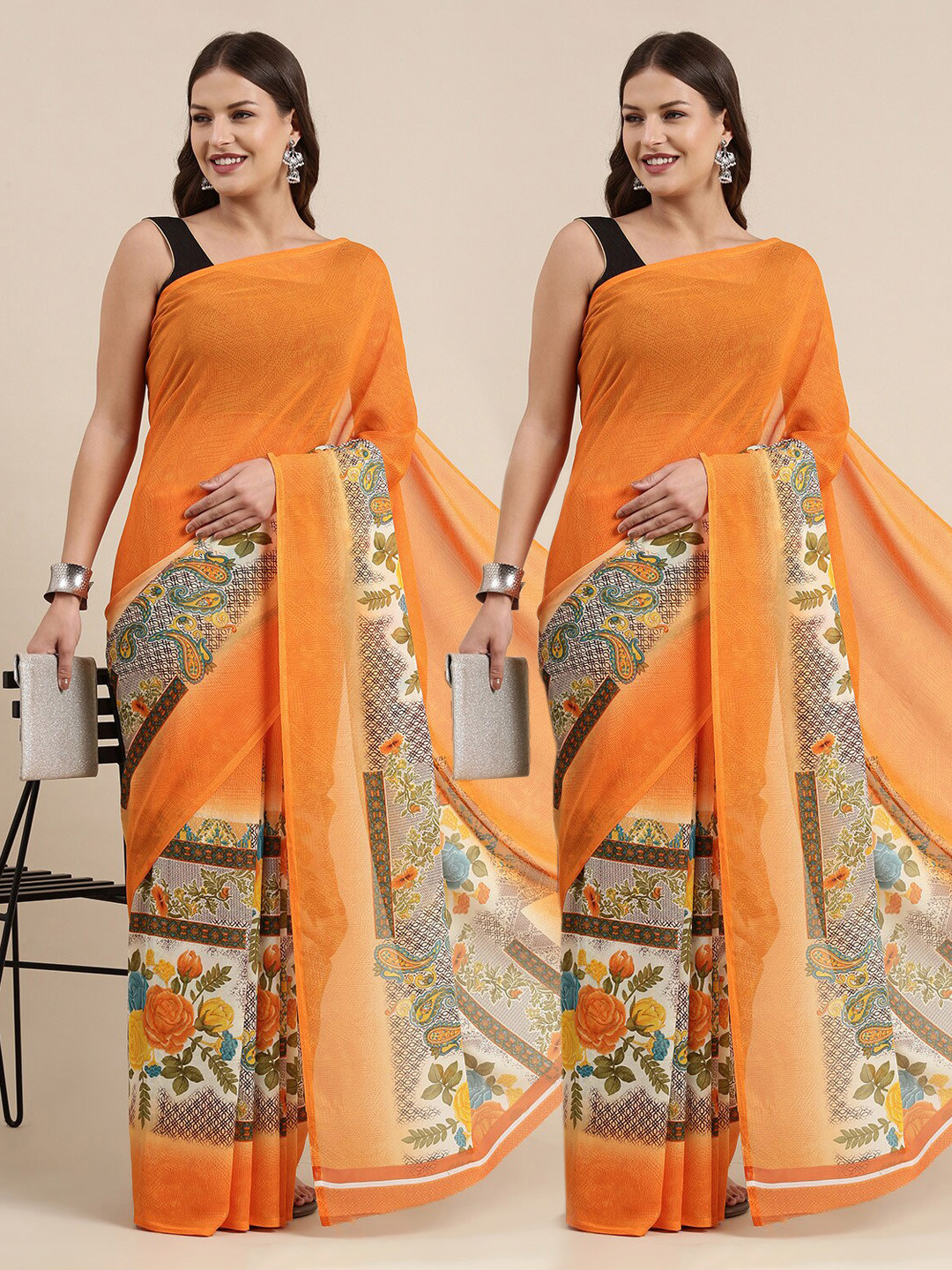

KALINI Orange & Grey Set Of 2 Floral Saree