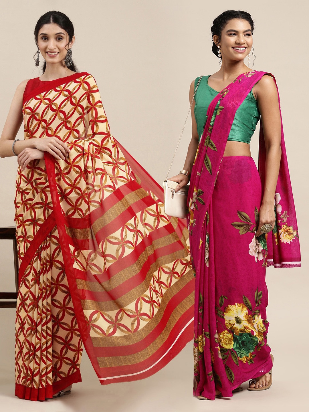 

KALINI Pink & Red Floral Printed Poly-Georgette Saree Pack Of 2