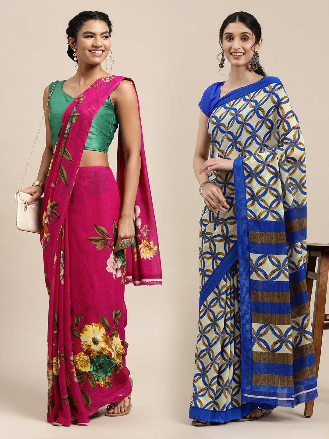 

KALINI Pack of 2 Pink & Blue Floral Sarees