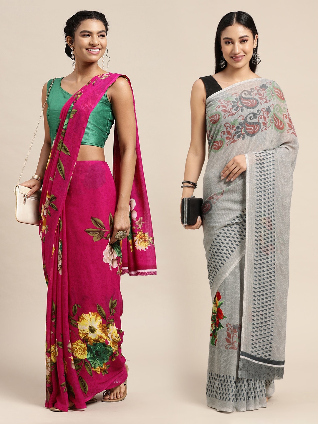 

KALINI Pack of 2 Fuchsia & Grey Printed Sarees