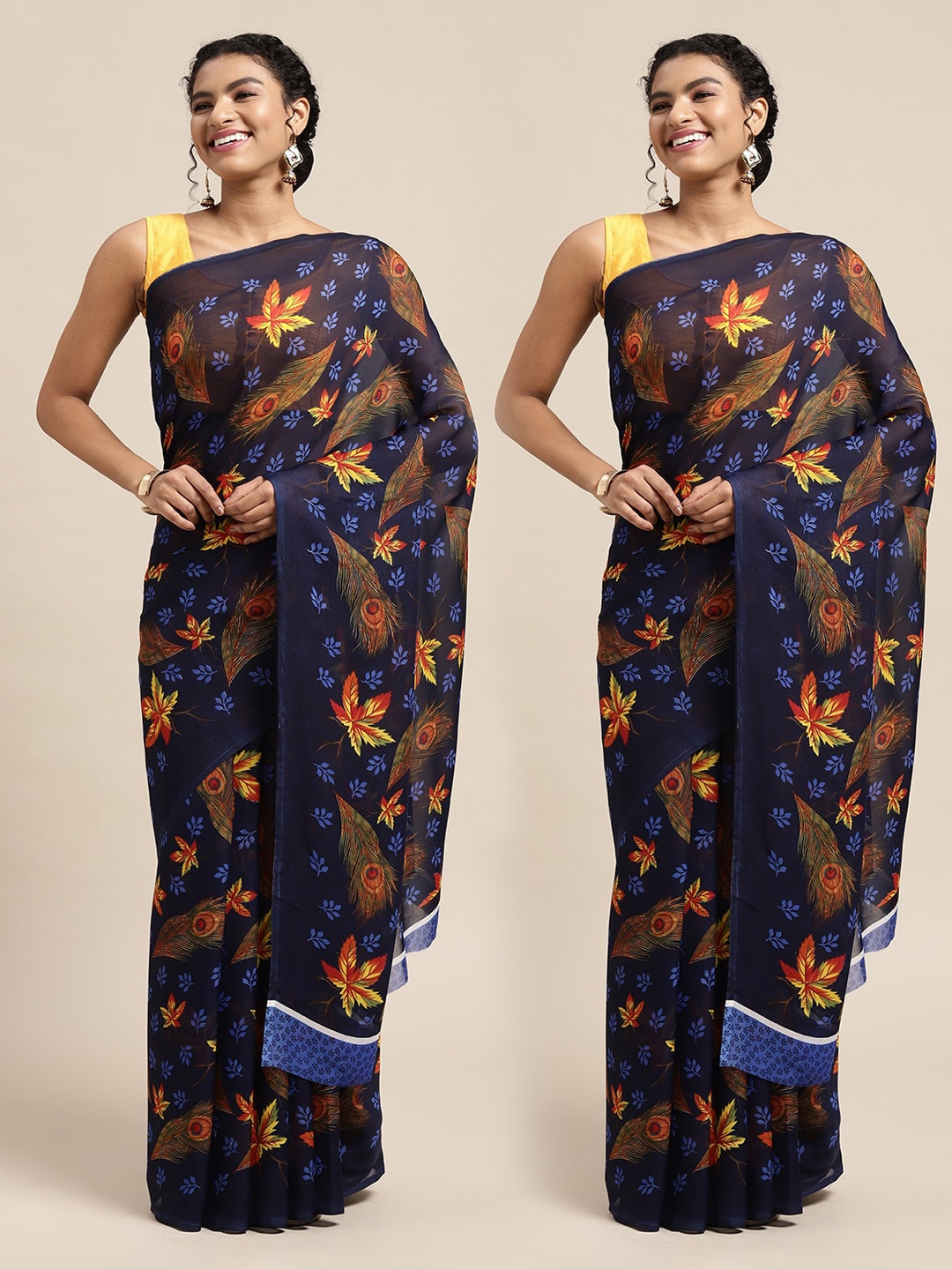 

KALINI Pack Of 2 Navy Blue & Yellow Floral Saree