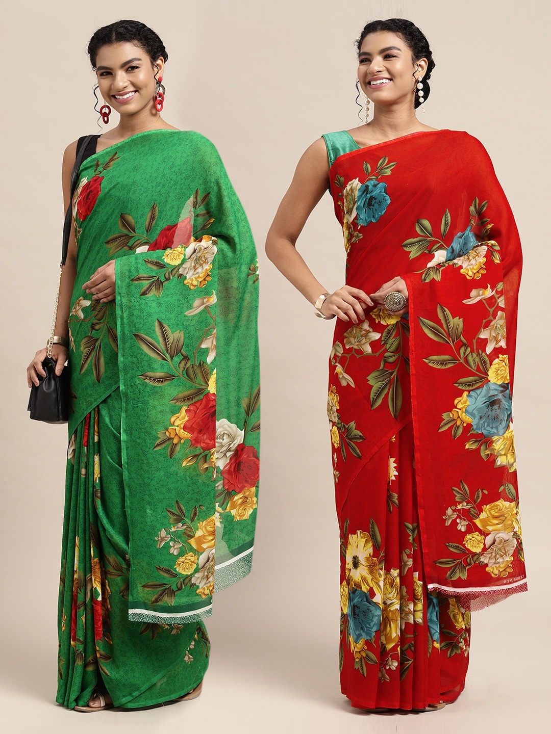 

KALINI Set Of 2 Red & Blue Floral Saree
