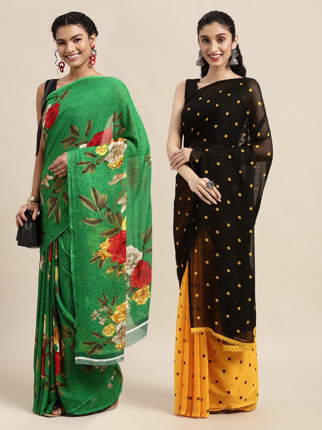 

KALINI Green & Black Set Of 2 Floral Saree