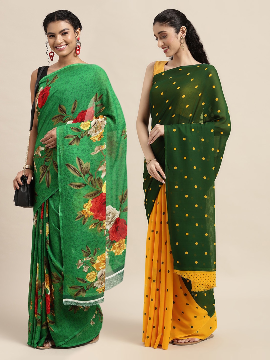

KALINI Green & Yellow Set of 2 Floral Printed Georgette Saree