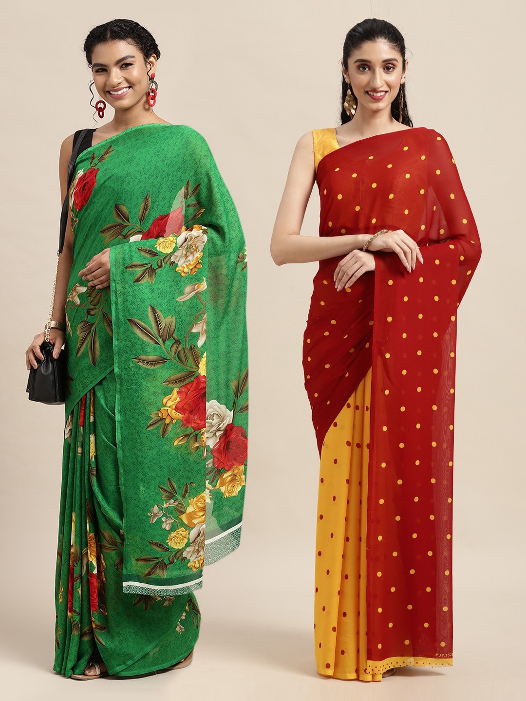 

KALINI Green & Red Floral Printed Poly-Georgette Saree Pack Of 2