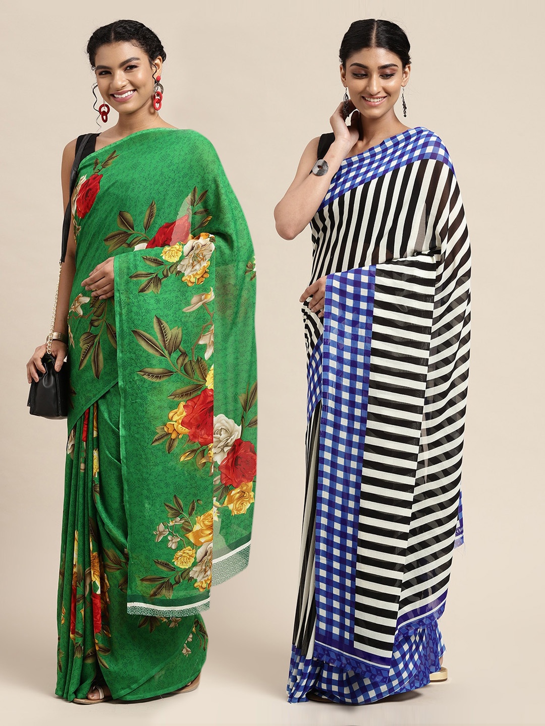 

KALINI Pack of 2 Green & Blue Floral Sarees